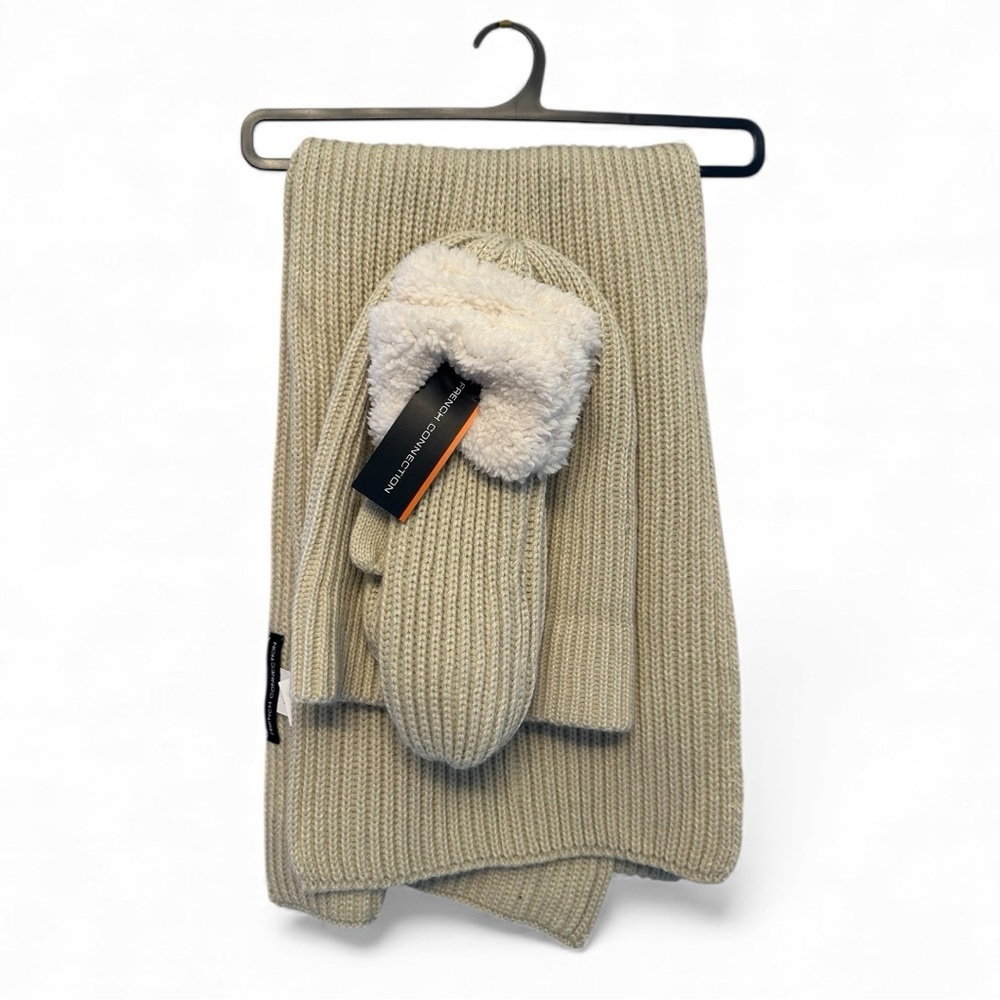 NWT French Connection Cream Knit Scarf, Gloves, & Hat Set - Picture 1 of 5